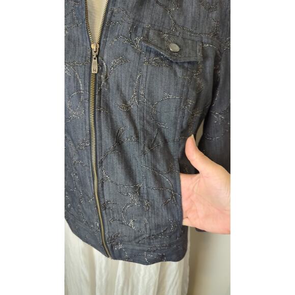 Boho Chic Dark Zip Up Denim Jacket Whimsical Embroidered Embellishment Size 12 - Picture 7 of 9